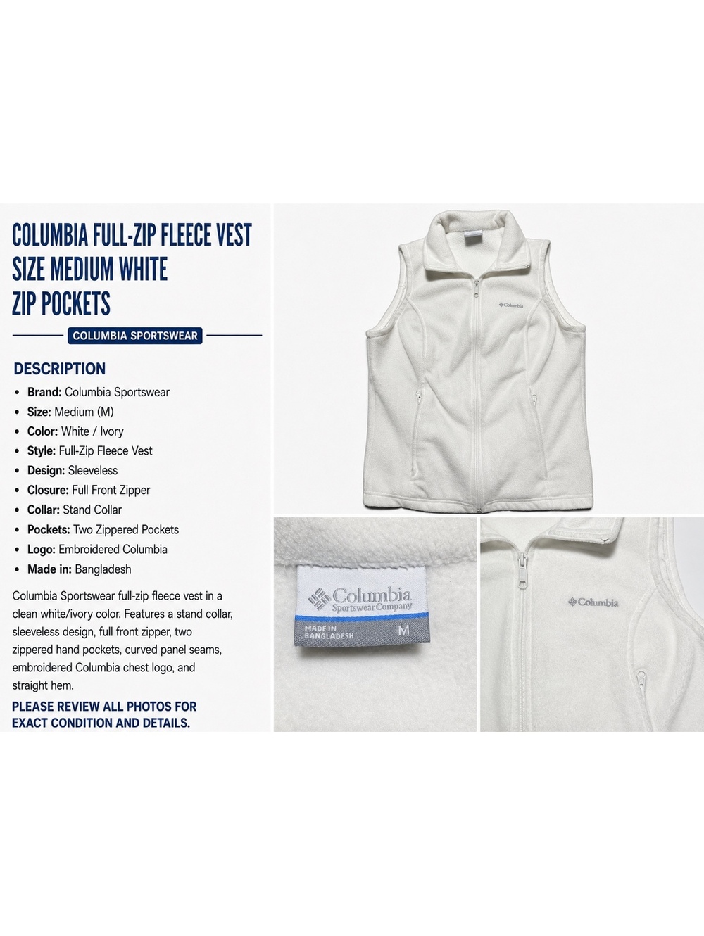 Columbia Sportswear M White Ivory Full Zip Fleece Vest Zippered Pockets
